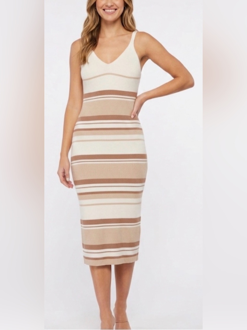 Willow & Wind Striped Ribbed Knit Midi Sweater Dress M Beige White Brown